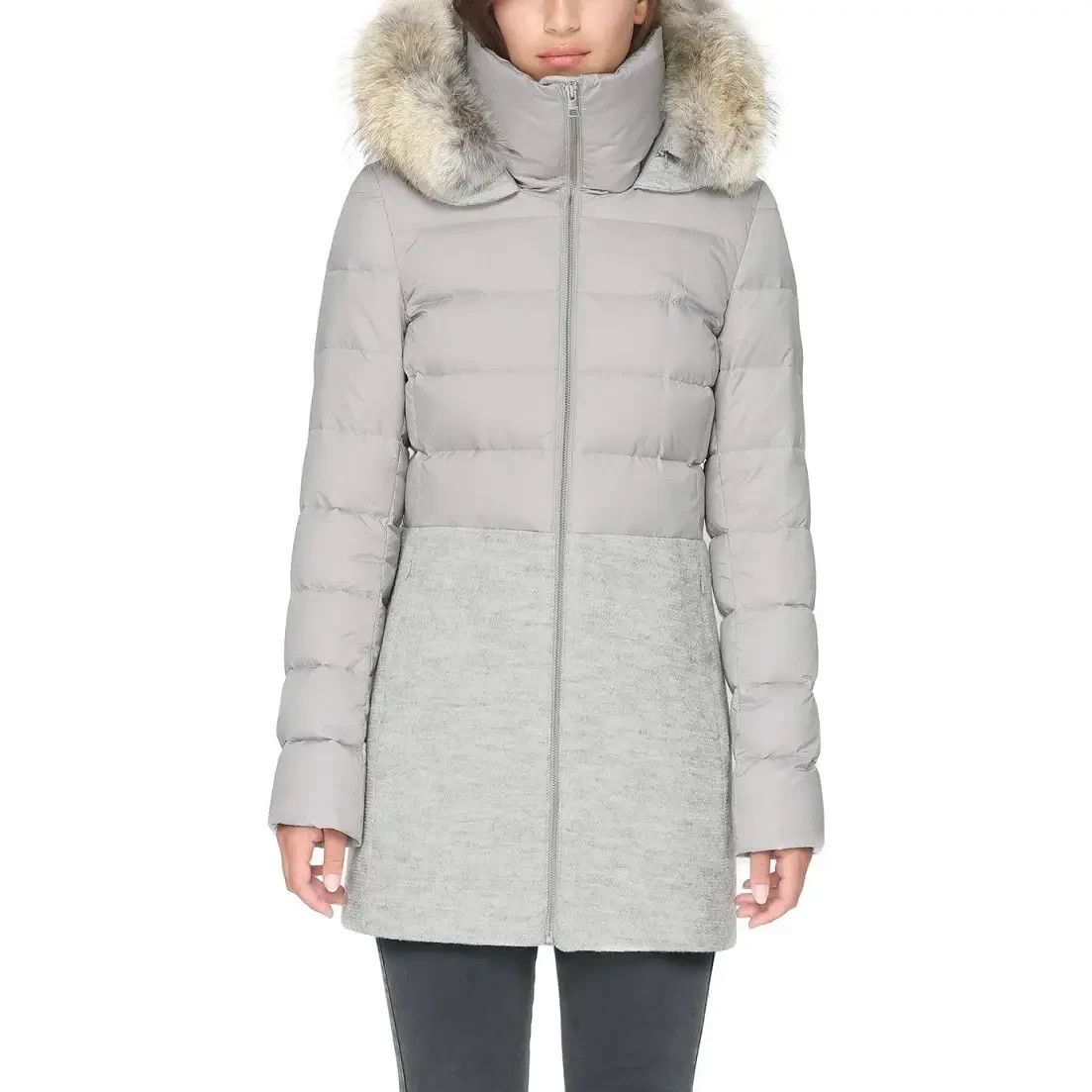 Soia & Kyo Small Parka Coat Wool Blend Coyote Fur Hood Gray Womens Winter Jacket